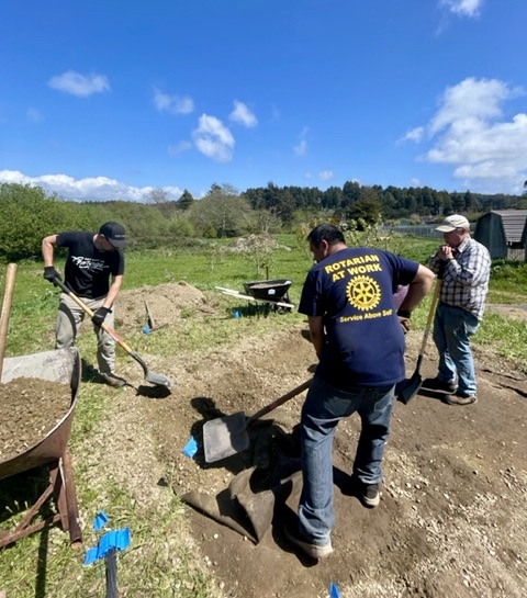 Rotary members use shovels on dirt for garden